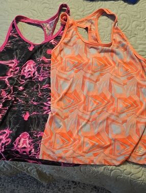 Set Of 2 bcg Women’s Neon Orange/ Bright Pink-Gray Geometric Racerback Tank Tops